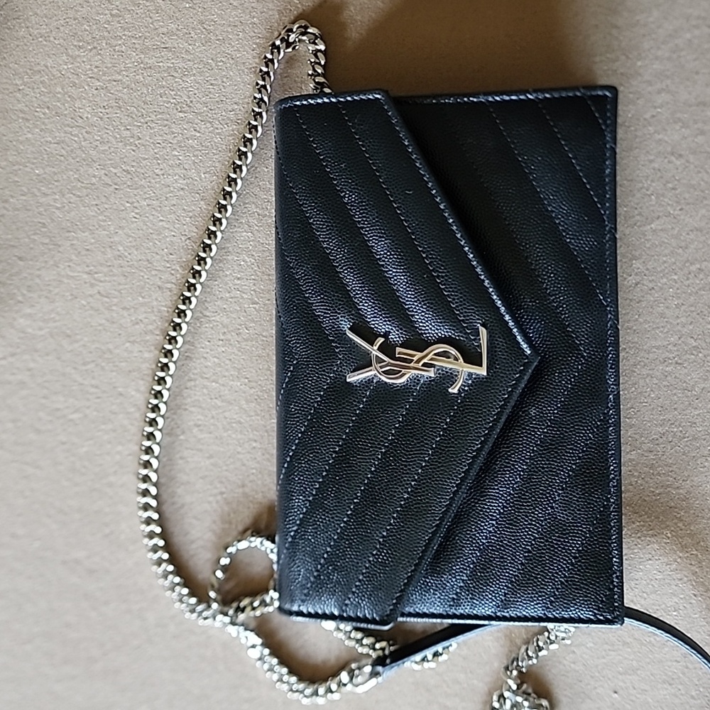 Saint Laurent YSL Monogram Small Wallet on Chain in Grained Leather
